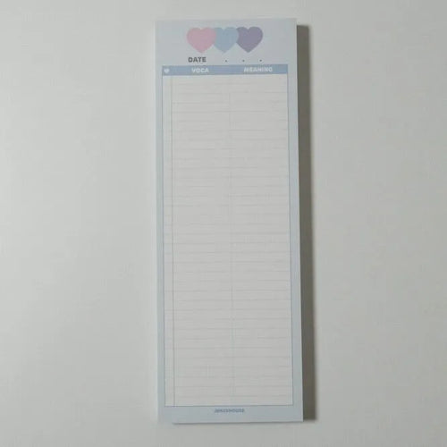 Vertical format B5 half-size notepad with English word printing in pink, purple, or blue cover options