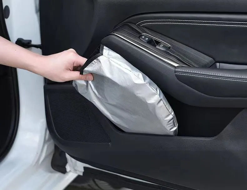 Aluminium foil car windscreen sunshade in titanium silver colour showing heat reflective surface