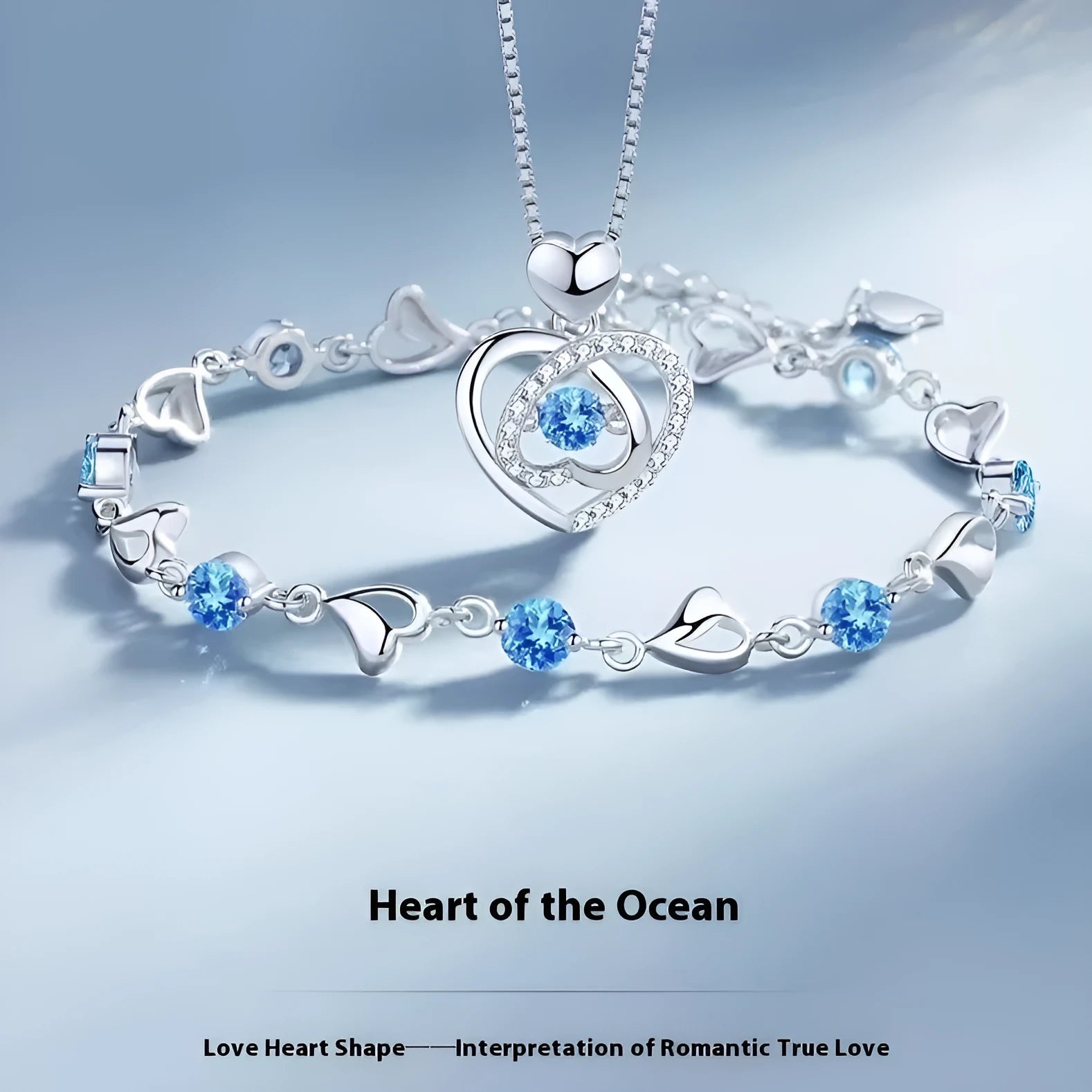 Blue diamond heart necklace and bracelet jewellery set with geometric pendant on 41-50cm adjustable chain