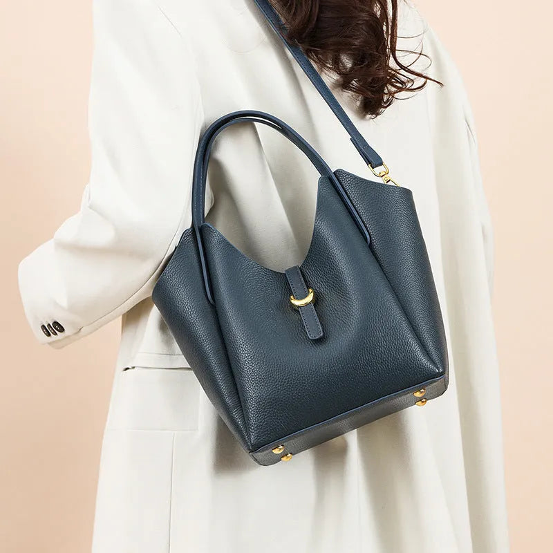 Genuine leather women's bucket bag in retro style with file compartment and shoulder strap