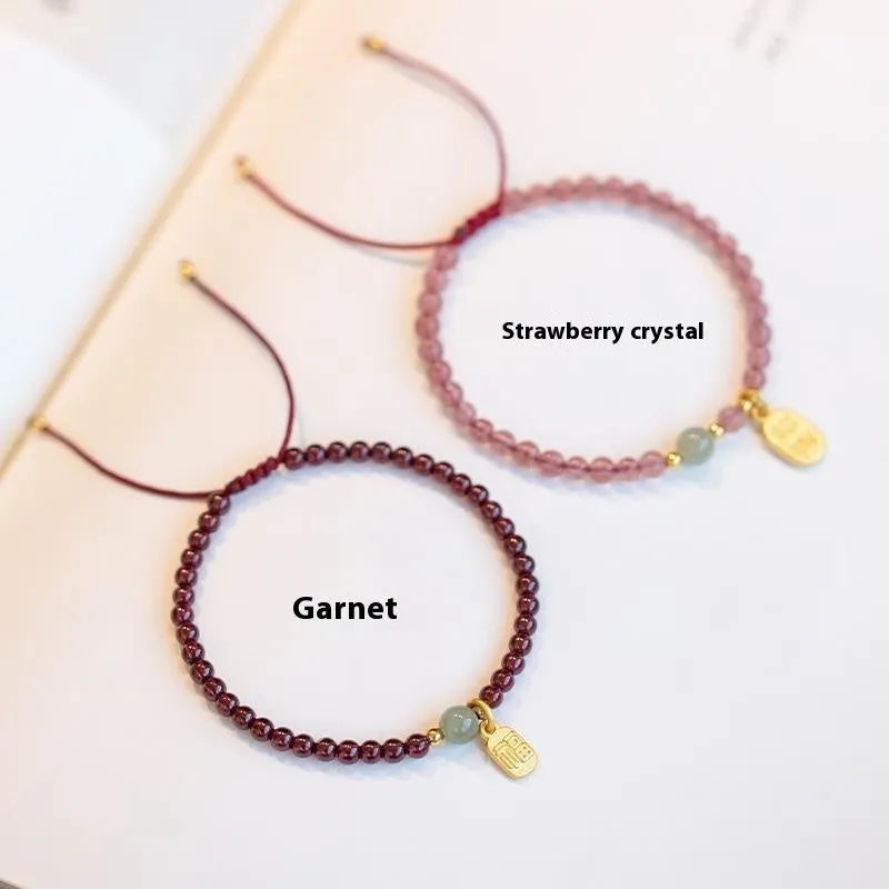 Strawberry quartz and garnet bead bracelet with hand-woven red rope in simple women's design