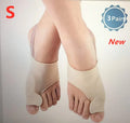 Corrective bunion sock with silicone gel toe separator shown in sizes S, M, and L on a foot diagram.