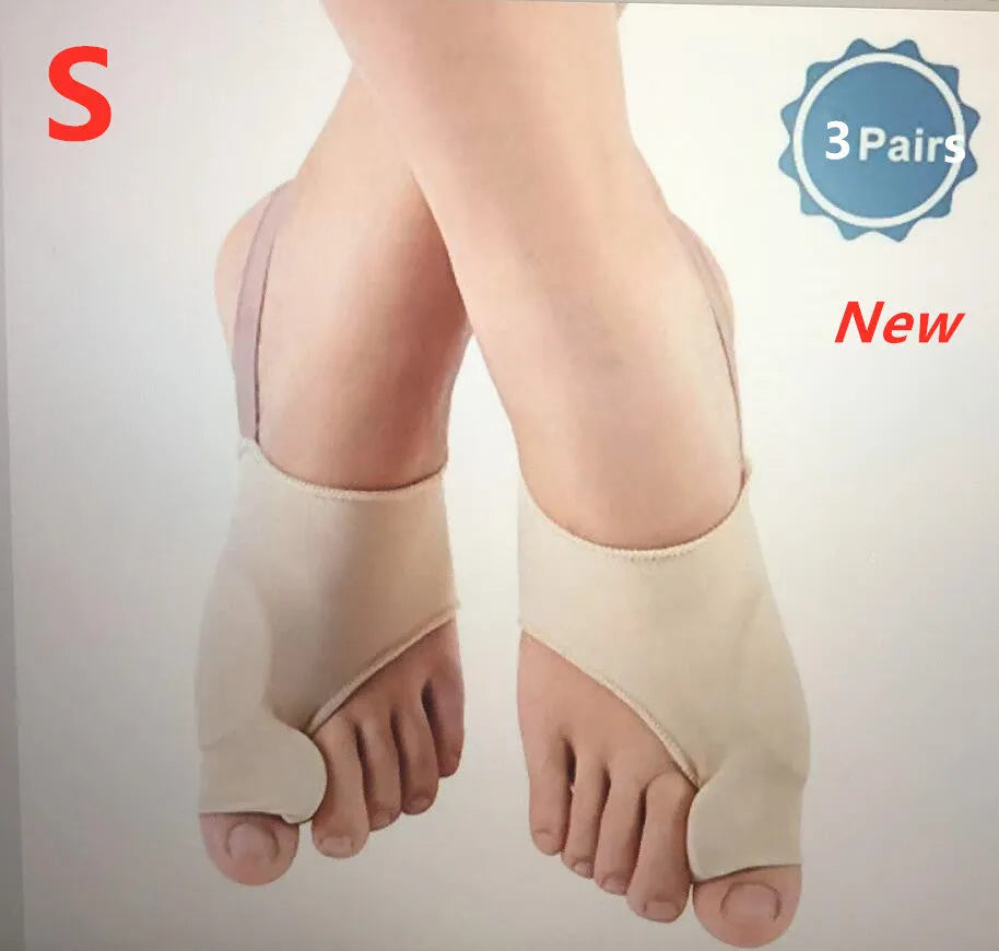 Corrective bunion sock with silicone gel toe separator shown in sizes S, M, and L on a foot diagram.