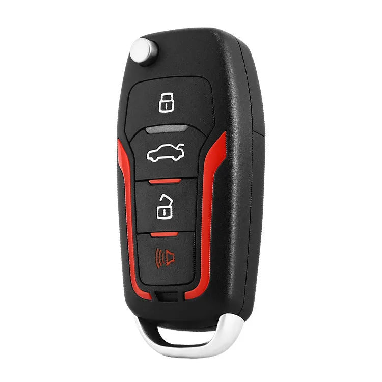 One-way car alarm system with remote controls showing red and frosted black colour scheme
