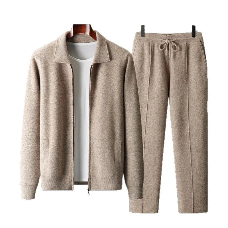 Men's loose lapels thickened wool knit cardigan suit in camel, oversized fit, two-piece set