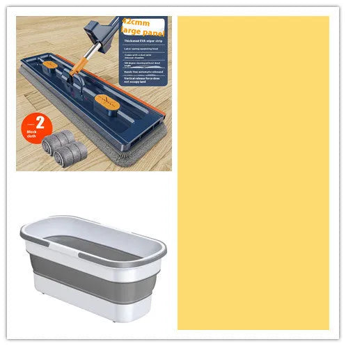 Large flat mop with stainless steel handle and blue cloth on hard floor