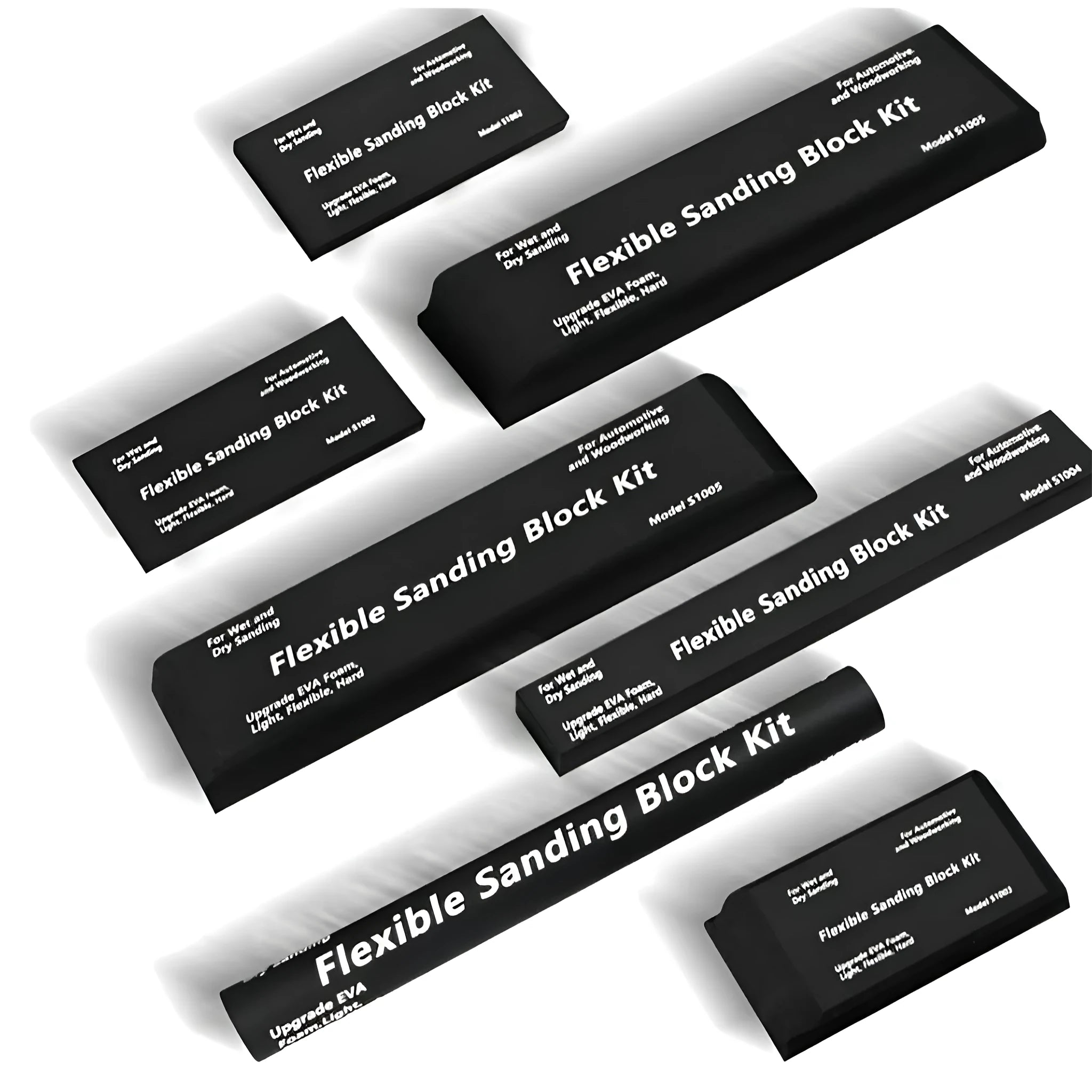 Set of seven black metal frosted blocks arranged together on a surface.