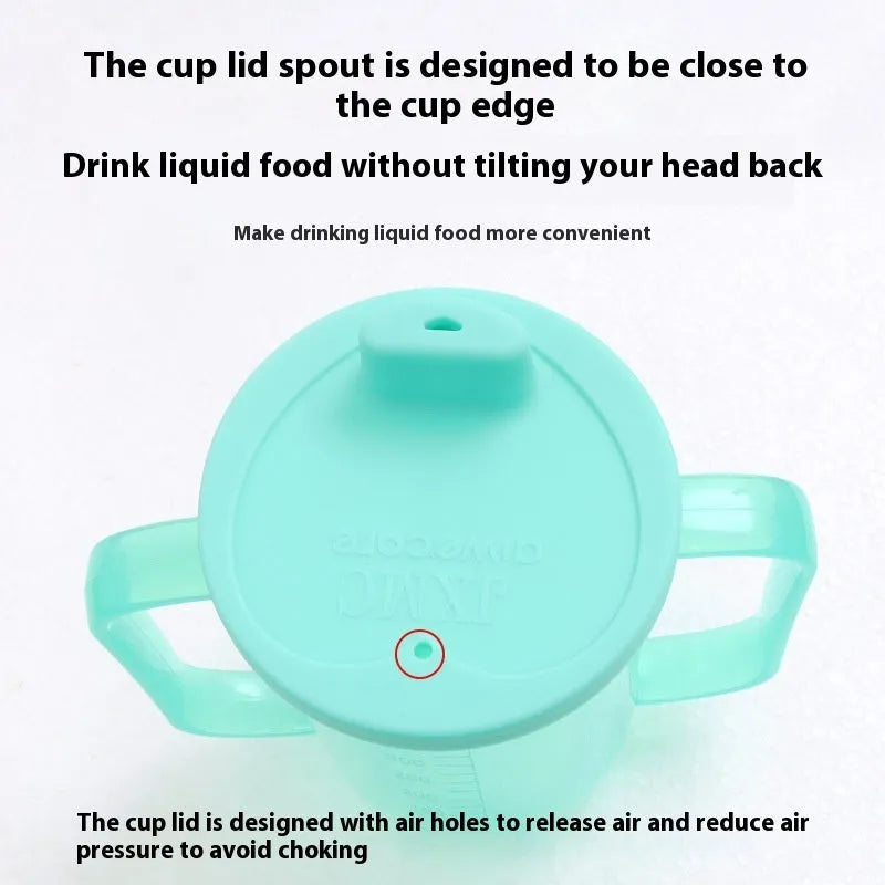 Oblique mouth choke proof cup with optional wrist splint for elderly bed drinking safety