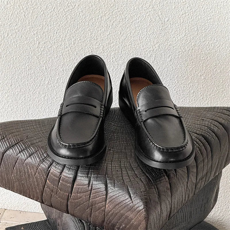 Men's slip-on casual loafers in microfiber leather, shown in black, beige, apricot, and brown colour options.