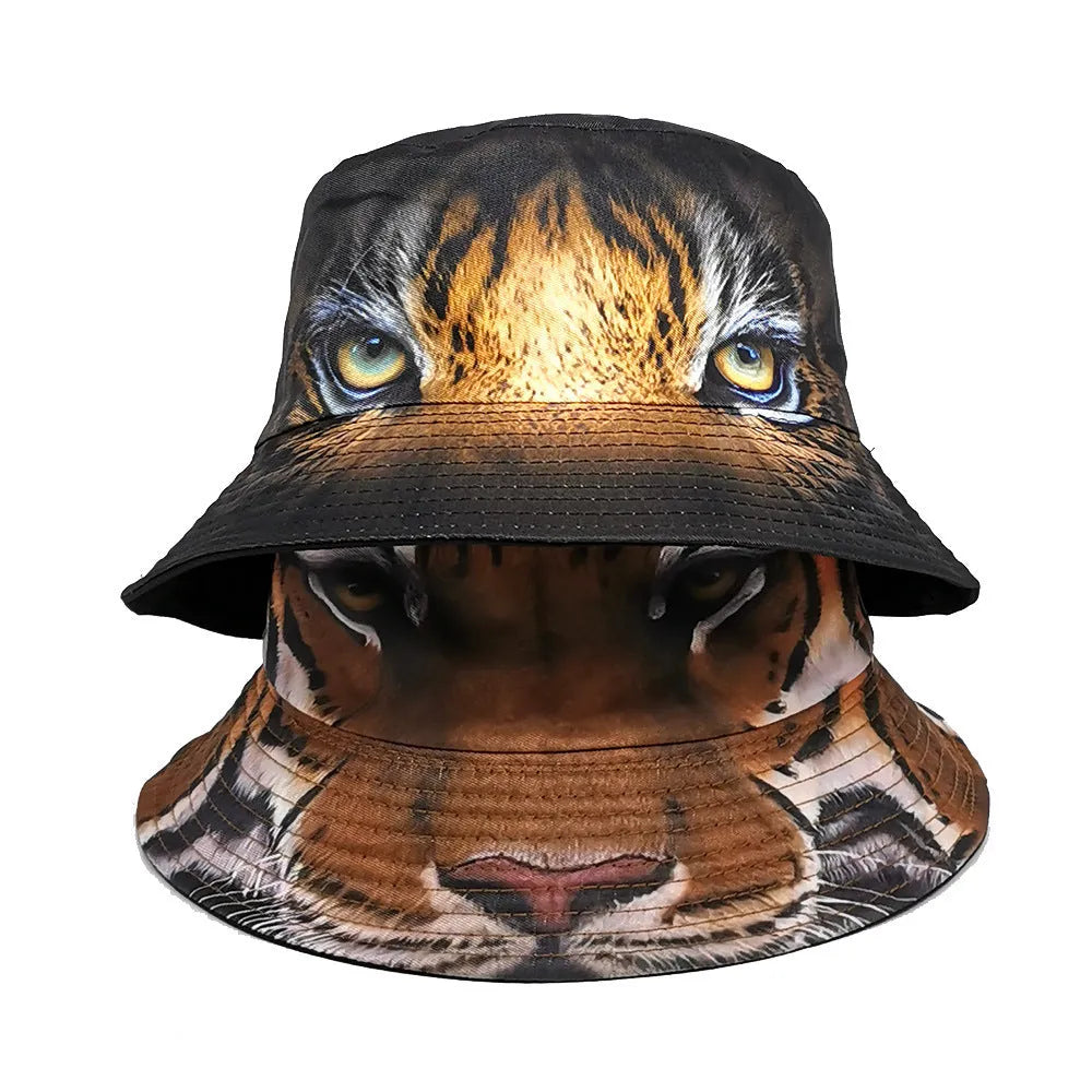 Tiger pattern bucket hat in khaki or black colour with dome crown, M size fits 56-58cm
