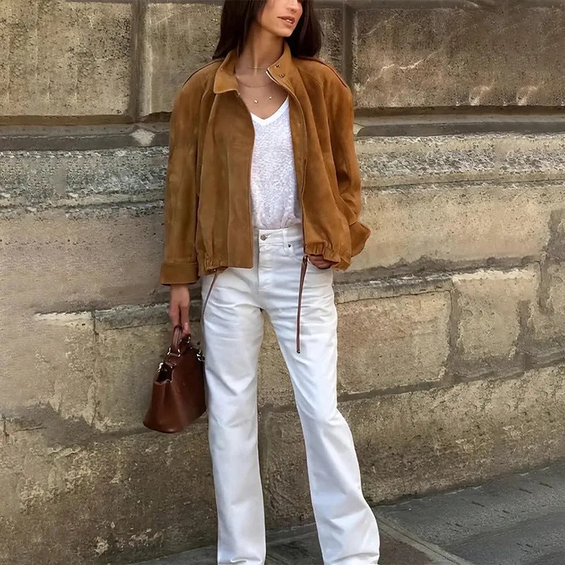 Retro solid colour loose fit long sleeve jacket on a hanger