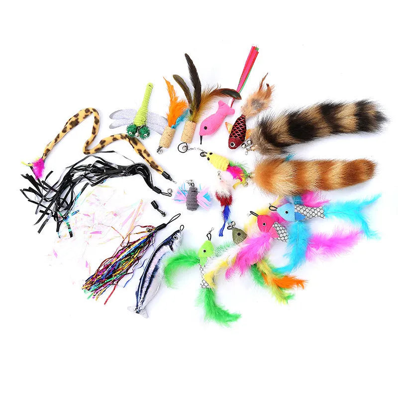 Cat teasing pole set with two extendable rods and ten feather replacement heads