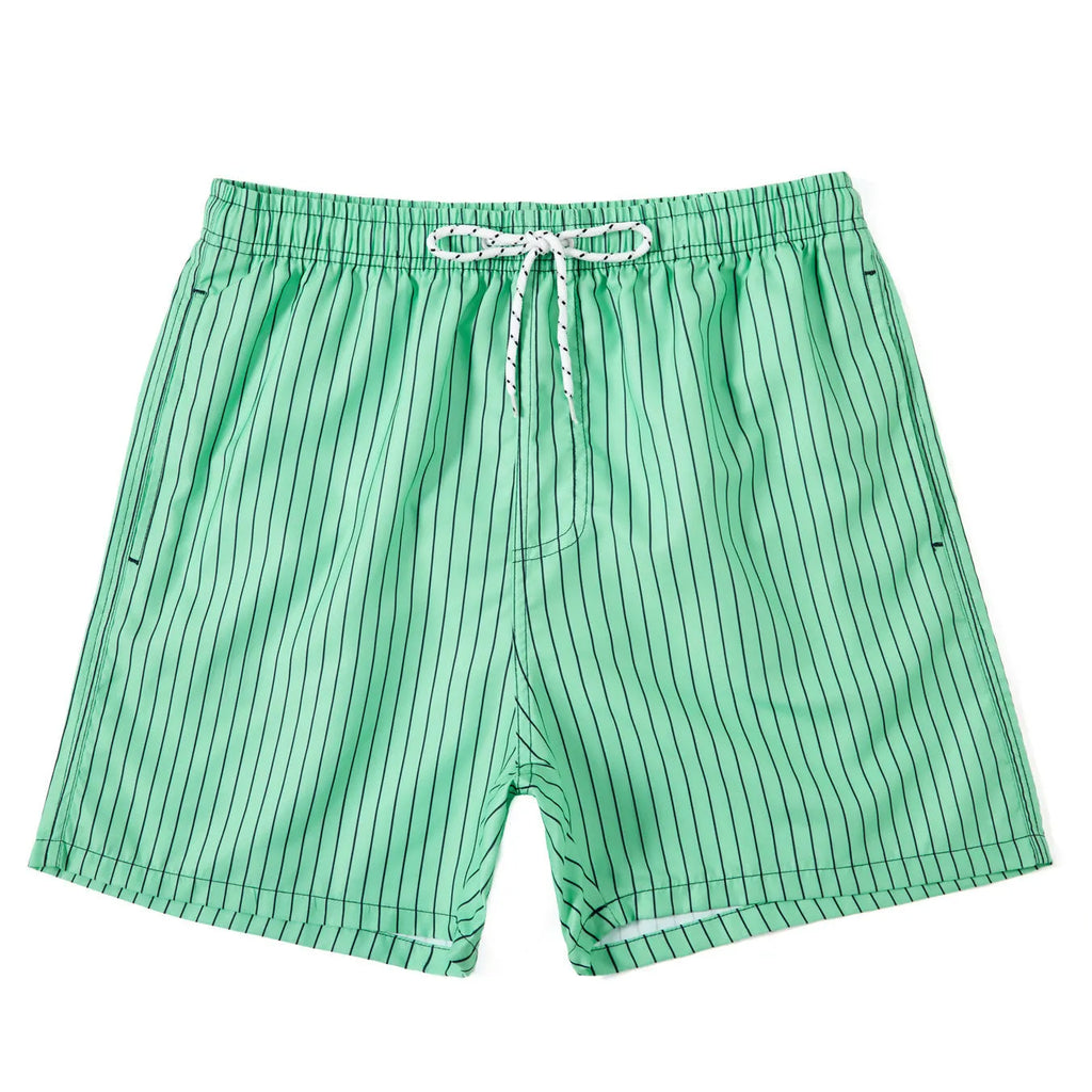 Polyester fibre striped beach shorts in navy blue with straight leg opening