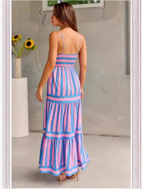 Women's striped printed suspender dress with square neckline, backless design and side pockets