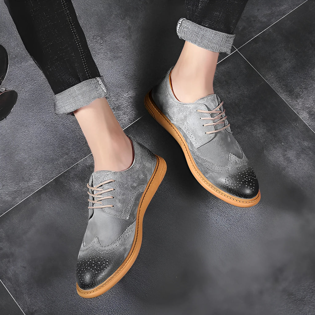 Men's grey business leather shoes with lace-up design and non-slip rubber soles
