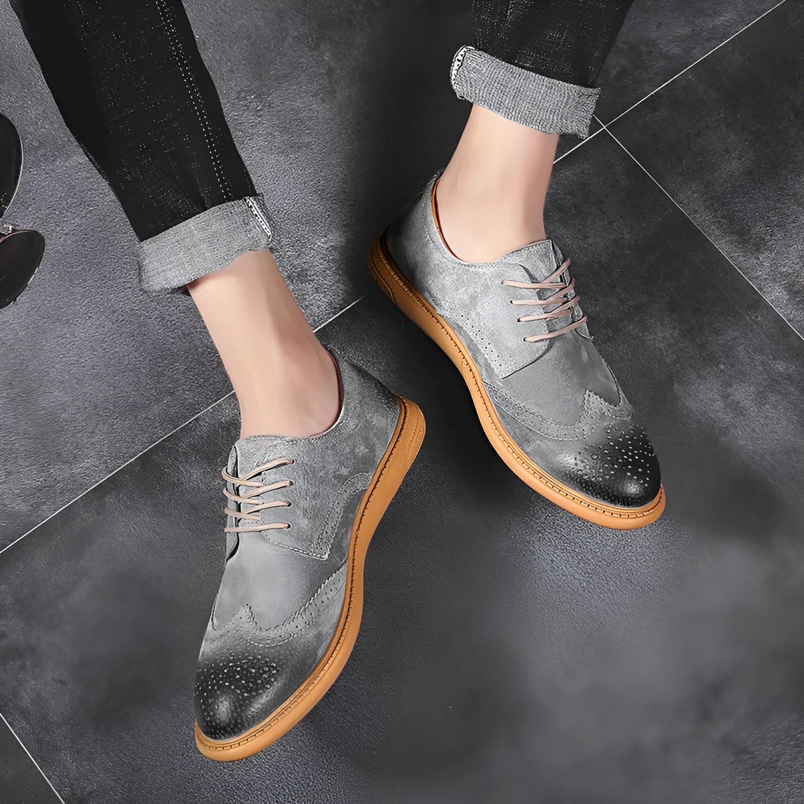Men's grey business leather shoes with lace-up design and non-slip rubber soles