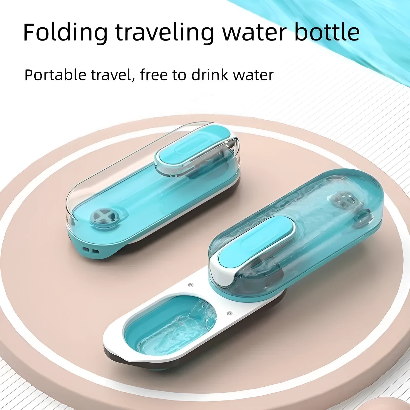 Blue portable dog water bottle with attached foldable silicone drinking bowl for outdoor use.