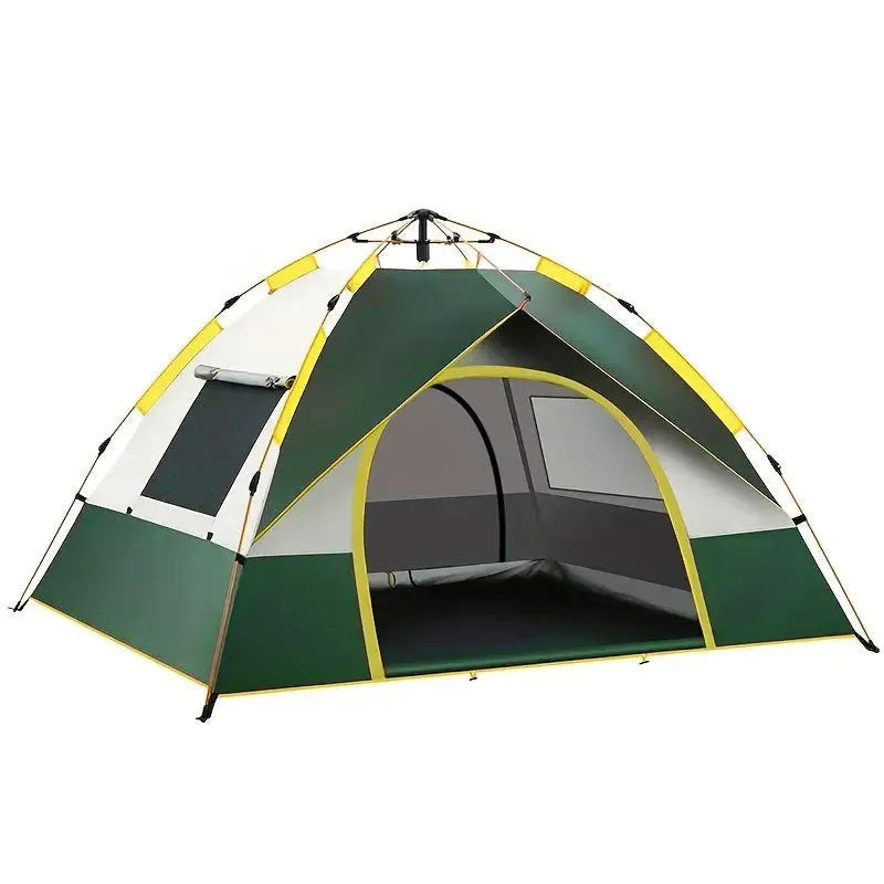 Dark green automatic pop-up camping tent for three to four people, fully set up with door and window open.