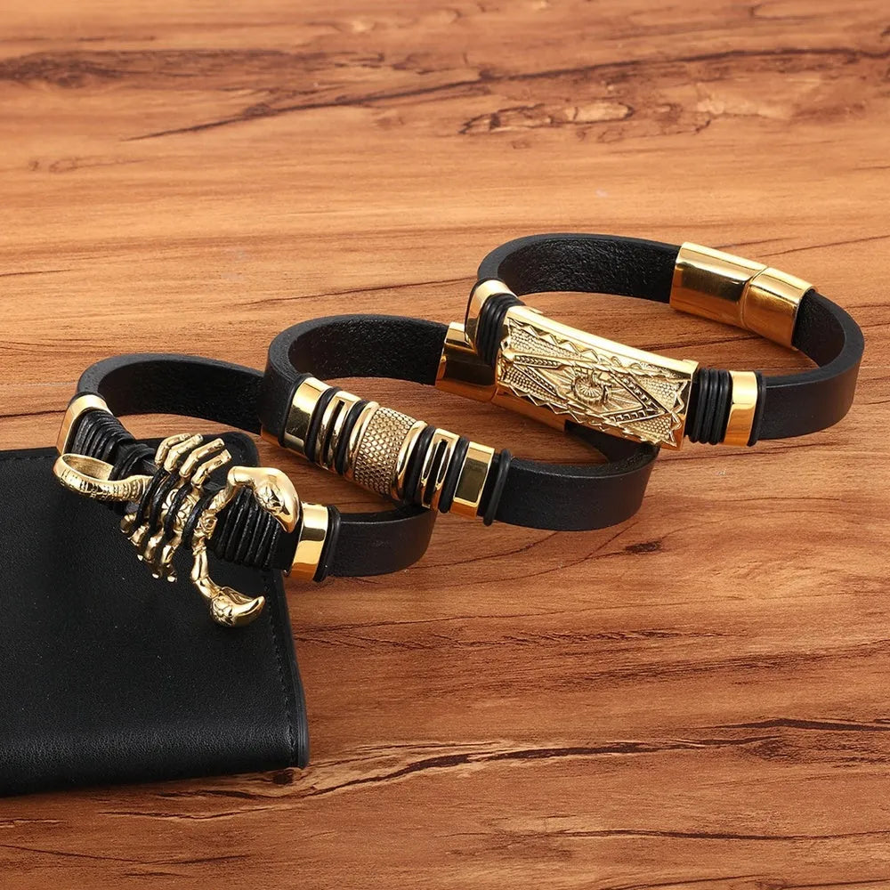 Titanium steel woven bracelet for men with scorpion geometric design, available in 19cm and 21cm sizes