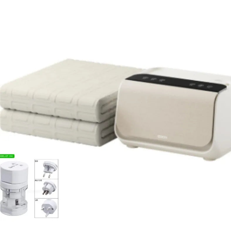 Aideng white electric underblanket heating pad with smart control host unit, shown in 1.4×2 metre size on a mattress.