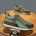 Men's grey and green lightweight mesh running shoes with round toe and lace-up front