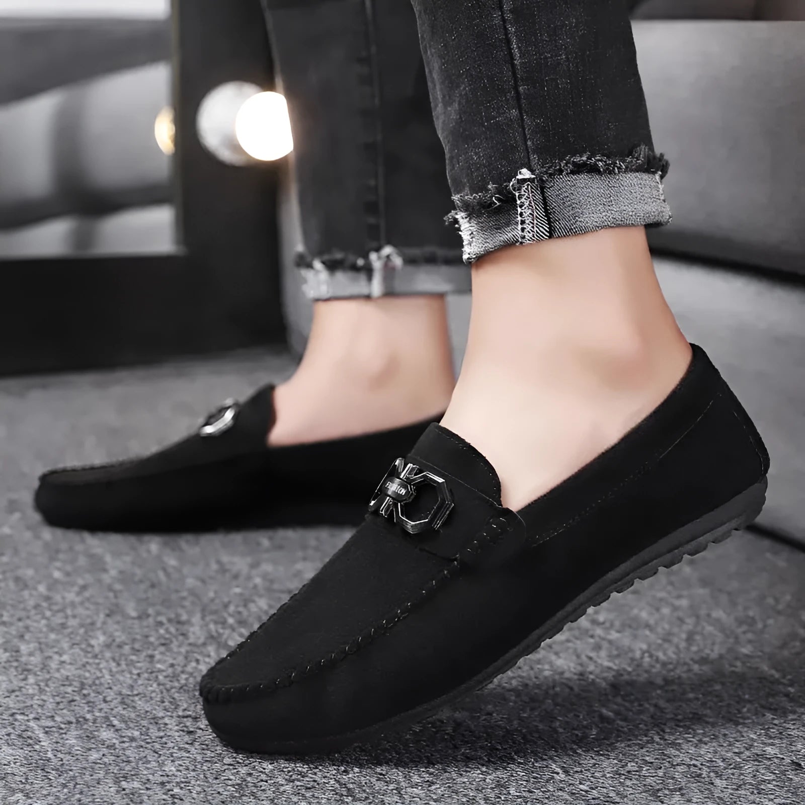 Men's black suede casual shoes with rubber sole, breathable summer footwear