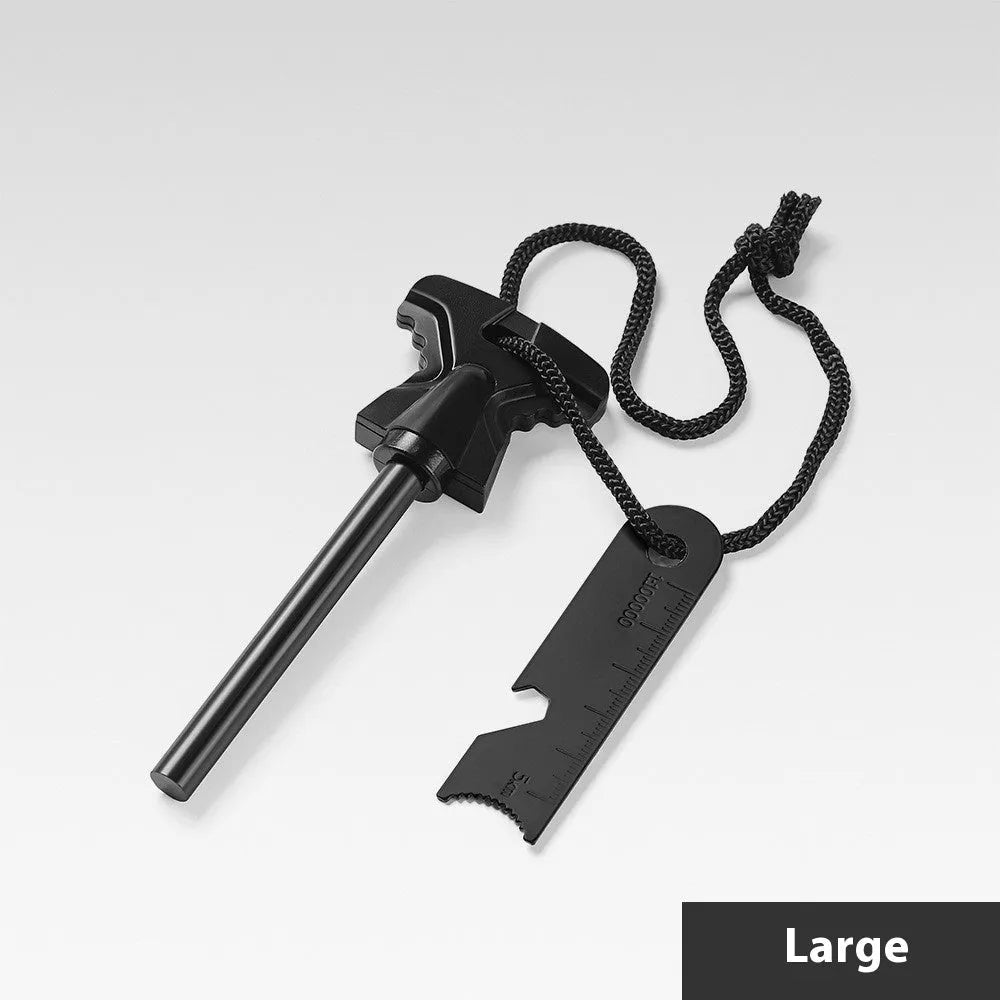 Butterfly-shaped stainless steel fire starter with ferrocerium rod, striker, and bottle opener
