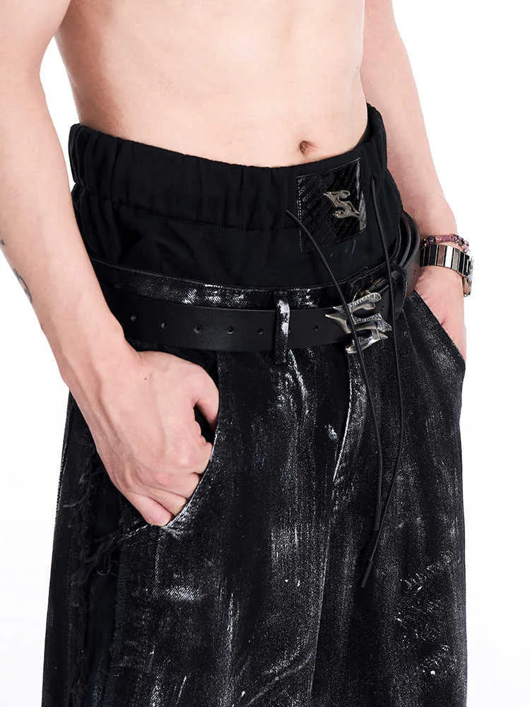 Black men's leather belt with two-layer cowhide construction and metal letter buckle, 110cm length