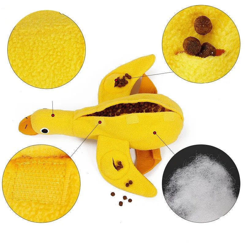 Yellow teddy bear shaped dog toy with food leak compartment and squeaker for training and enrichment