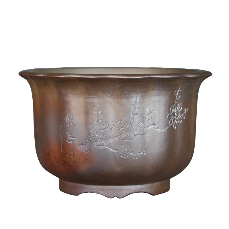 Antique carved purple sand ceramic bonsai pot with wood-burned finish in large size.