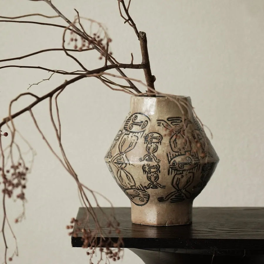 Hand-painted ceramic cylindrical table vase with carved vintage art and religious patterns