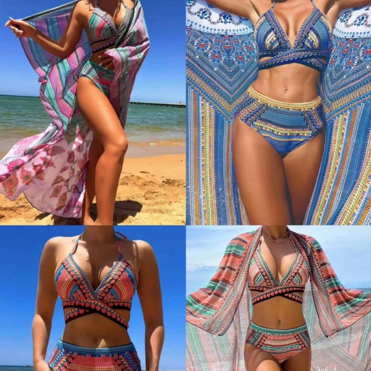 Blue women's three-piece bikini swimsuit with cross bandage design and high waist briefs.