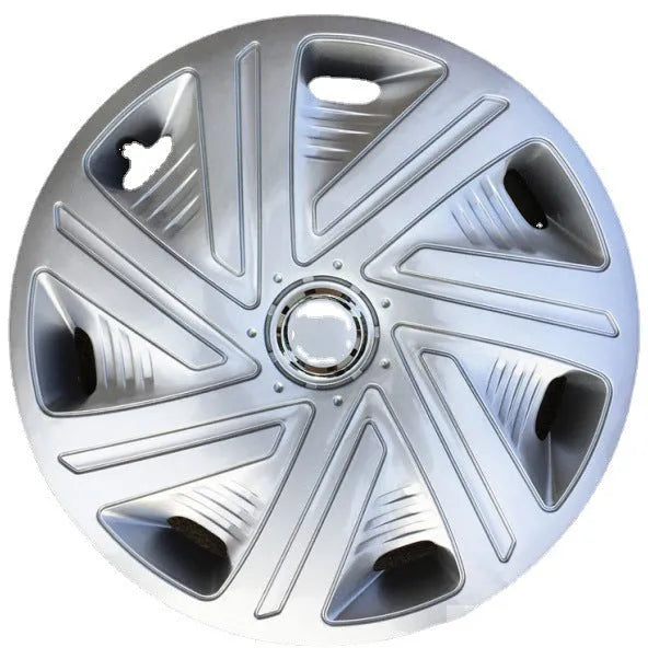 Universal ABS plastic wheel hub cover in silver electroplated finish showing 15-inch diameter measurement