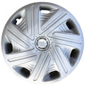 Universal ABS plastic wheel hub cover in silver electroplated finish showing 15-inch diameter measurement