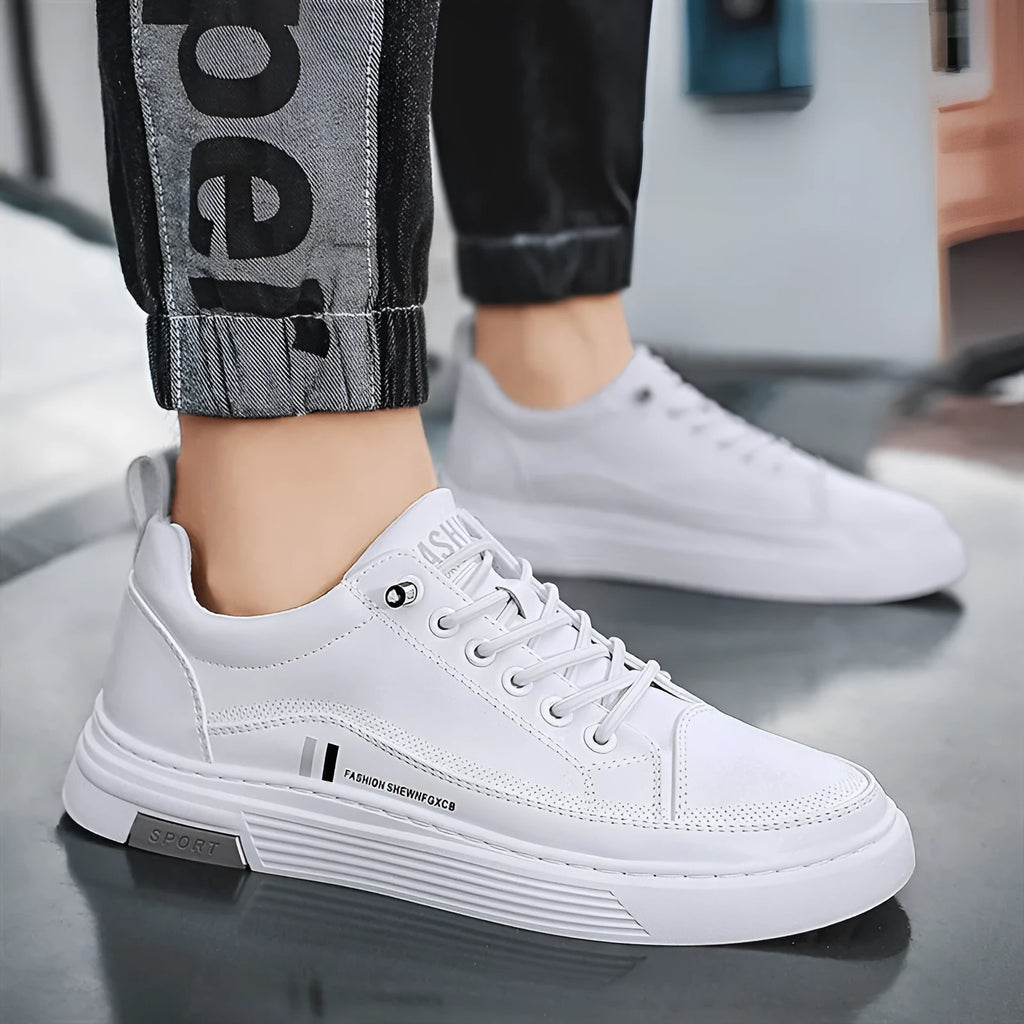 Men's white and black microfiber skate shoes with elastic band fastening and rubber sole