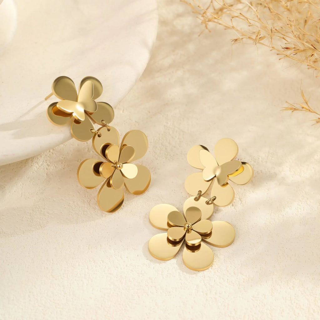 Gold flower butterfly stainless steel earrings for women with electroplated 18K finish