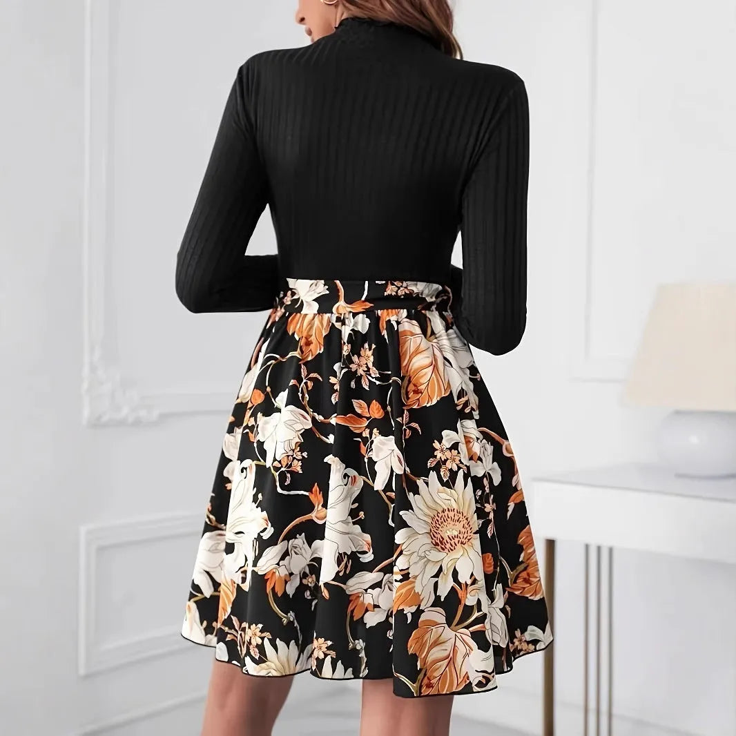 Long sleeve round neck belt dress in black with floral pattern, A-line high waist skirt, polyester fabric