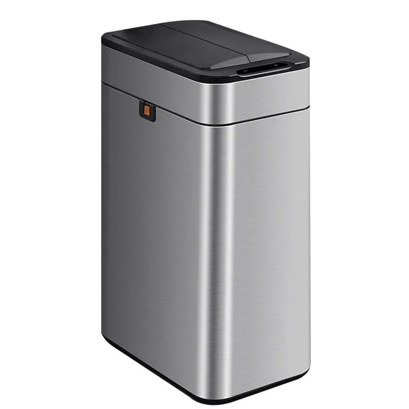 Stainless steel inductive smart ashbin with square shape and touch-free lid.