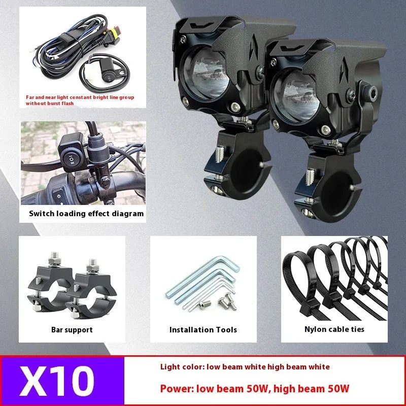 Motorcycle LED spotlight pair with integrated far and near beams and multiple switch options