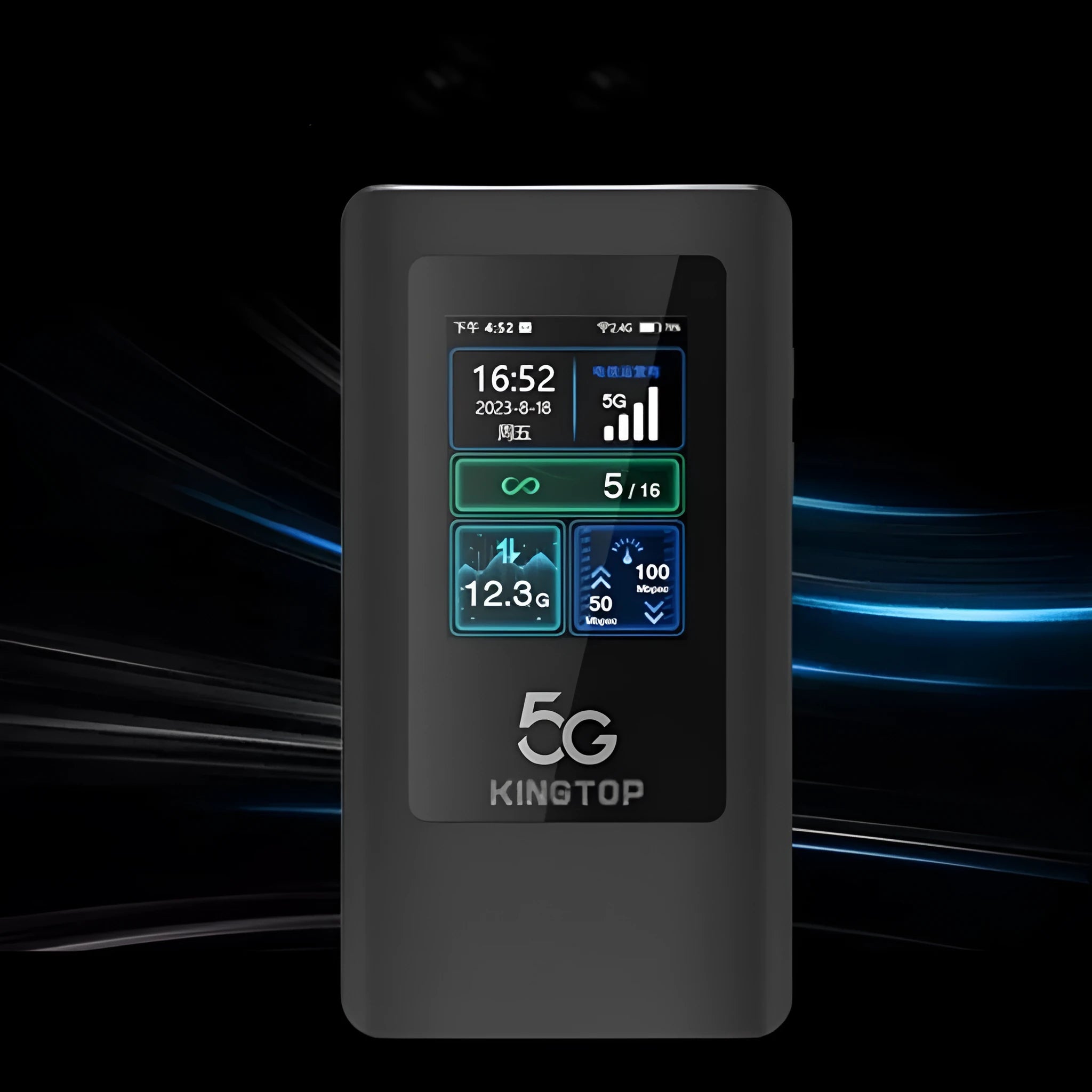 Black 5G portable Wi-Fi router showing LCD display, TYPE-C port, and compact 125x70x17mm design