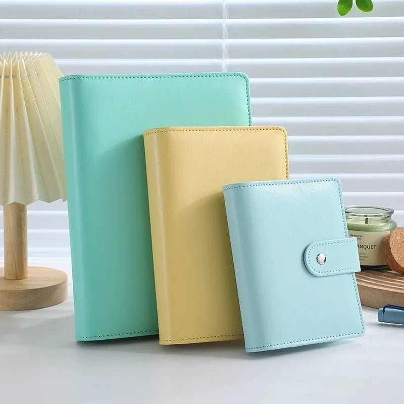 A5 PU leather zipper notebook shell in a solid colour, shown open and closed.
