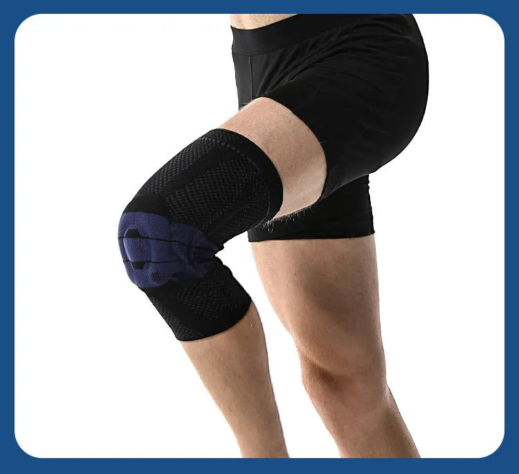 Black and blue adult sports knee pad for basketball and running, made of nylon and spandex.