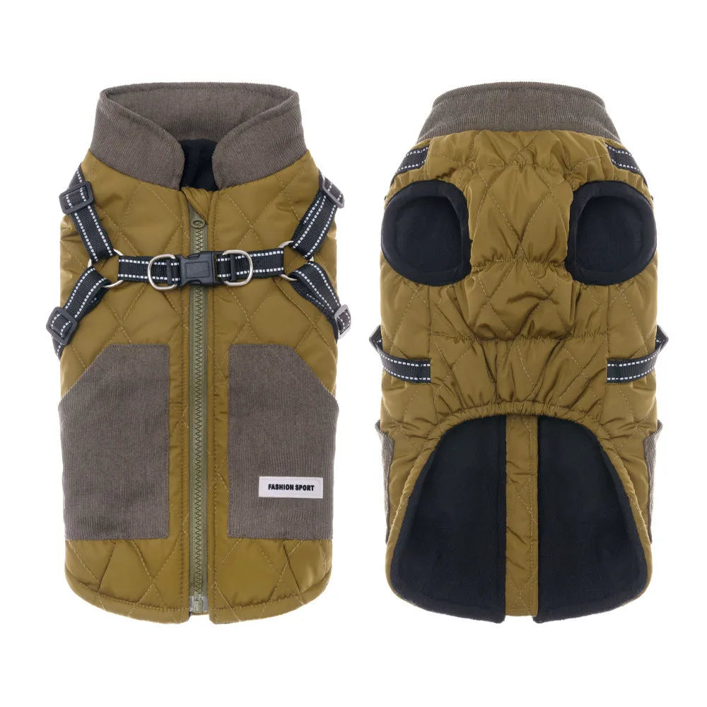 Autumn winter pet clothes small dog waterproof thickened warm jacket in khaki, melon red, and mustard green