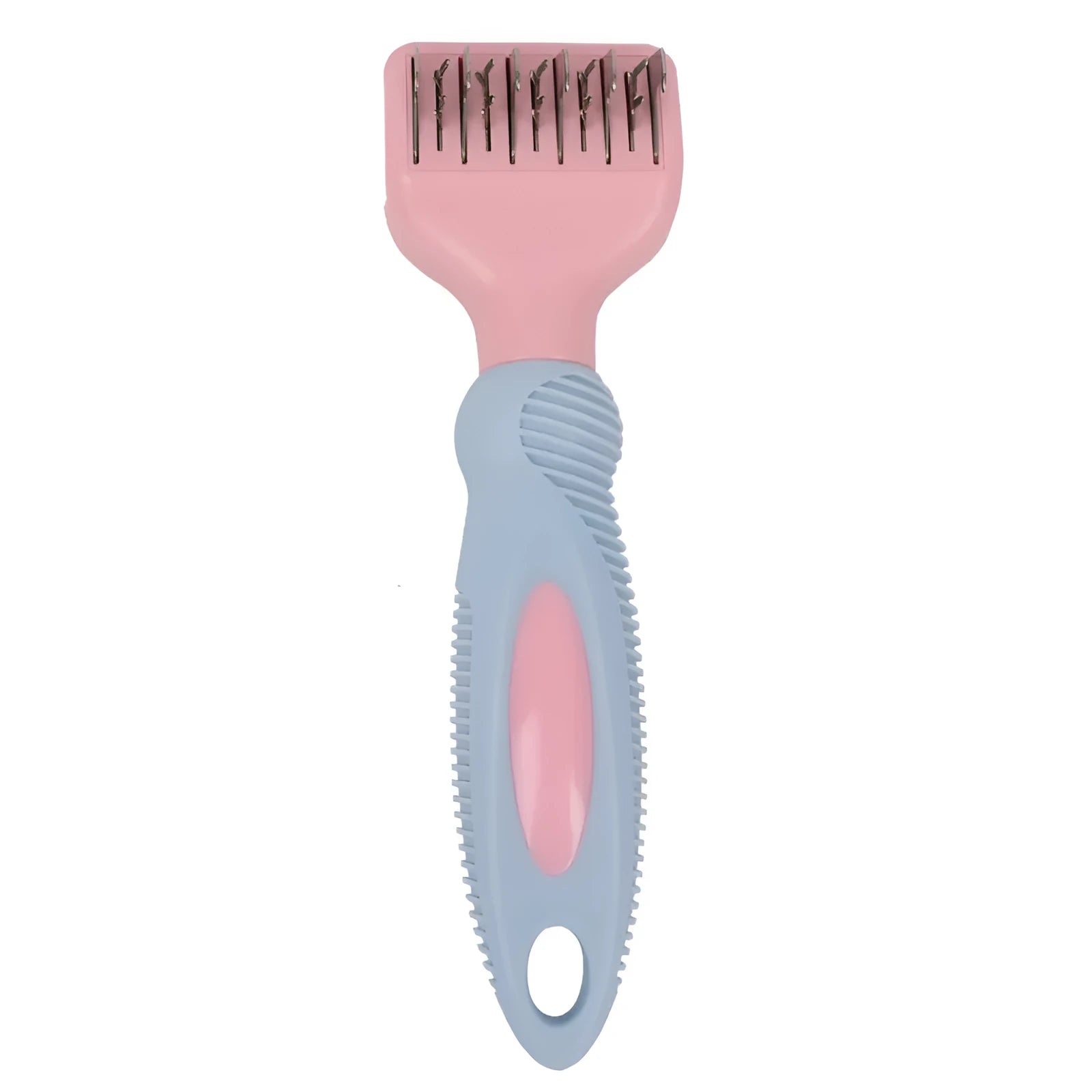 Pink dual-ended pet grooming brush with stainless steel knot knife and massage pins on a white background