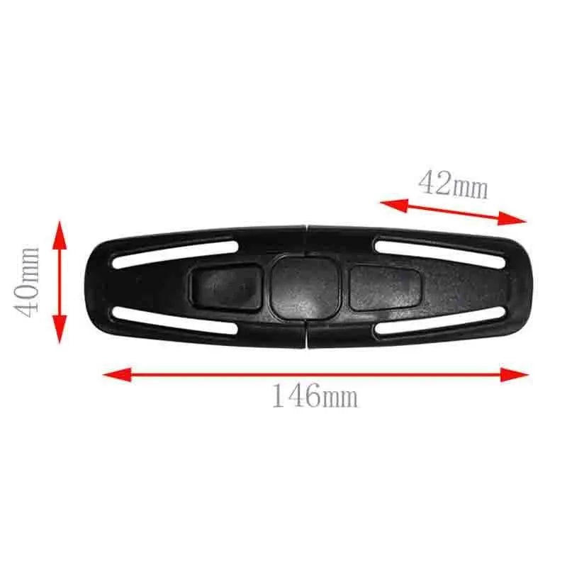 Black nylon seat belt buckle clip for child car seat harness, dimensions 14.5cm by 4cm.