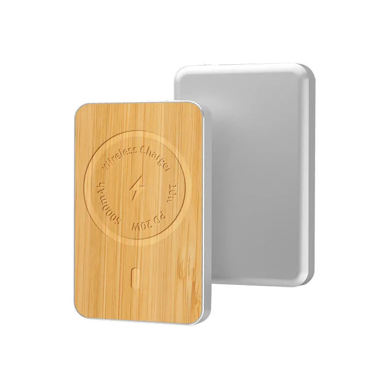 Khaki magnetic wireless charging bank with 5000mAh polymer battery and alloy case