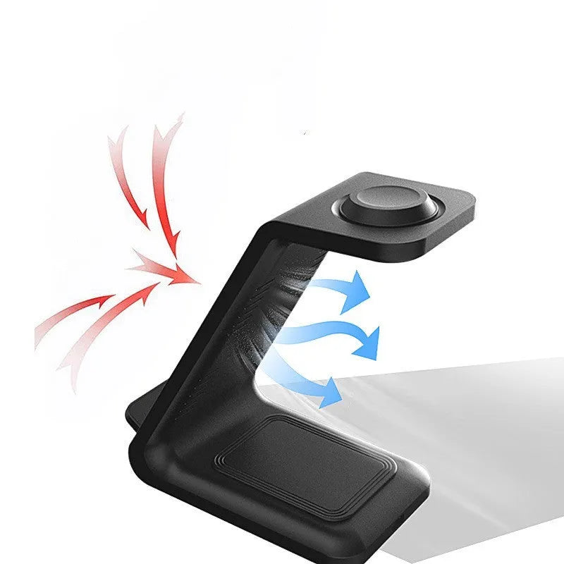 White 3-in-1 upright wireless phone charger stand with dual-coil design and Type-C cable