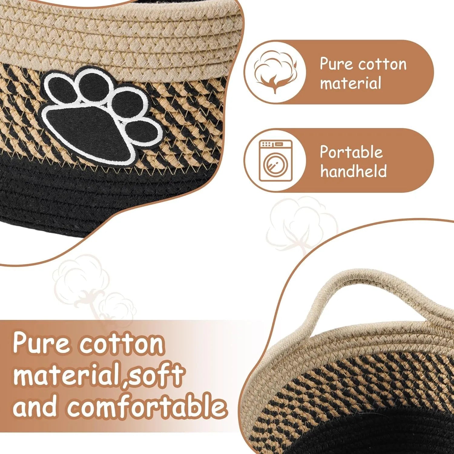 Light beige handmade woven cotton rope storage basket with handle on a wooden floor.