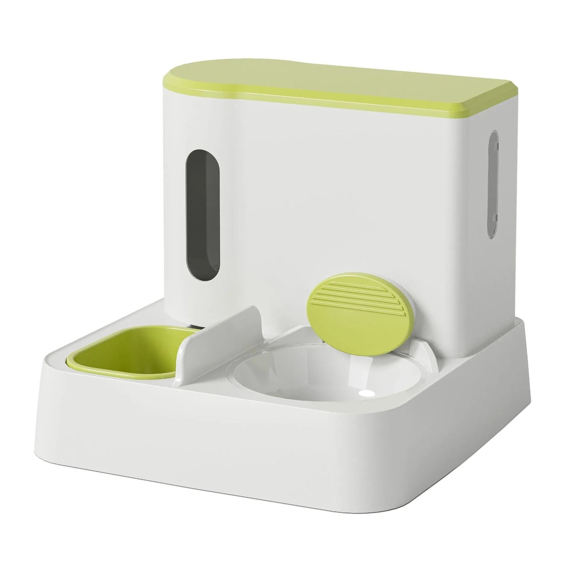 Automatic cat feeder and water dispenser with integrated double bowl in grey, green, or yellow