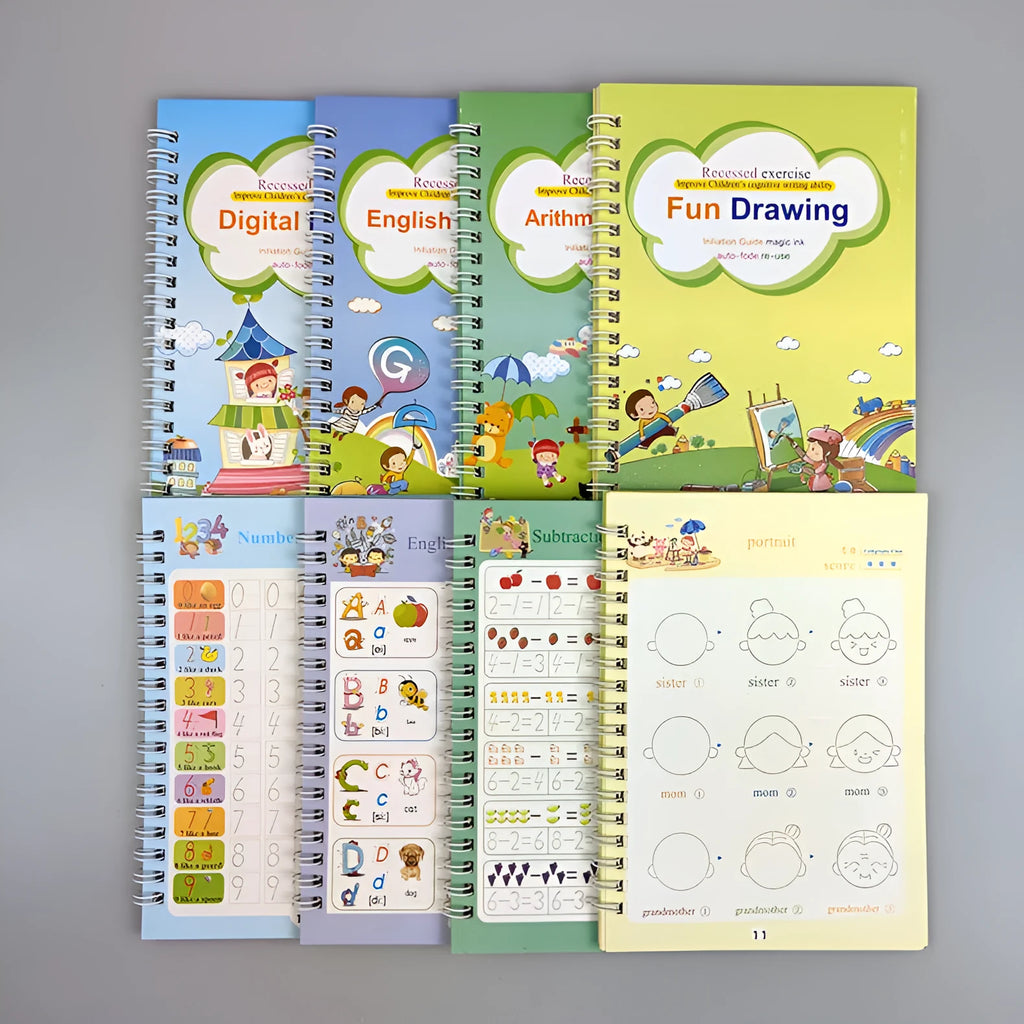 Four magic stylus clean writing practice books with slot design in white, grey and black colours